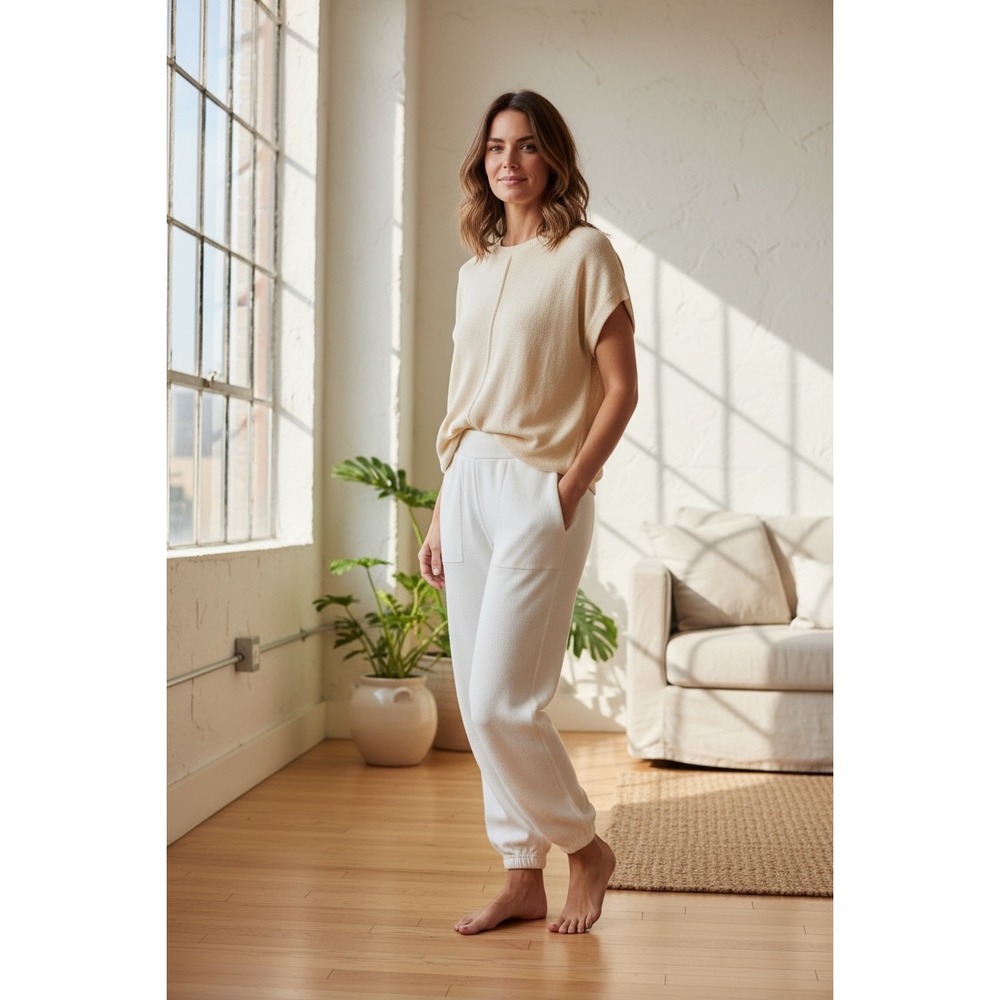 Womens 2 Piece Knit Lounge Set Cream Short Sleeve Top‎ Joggers Size Large Travel
